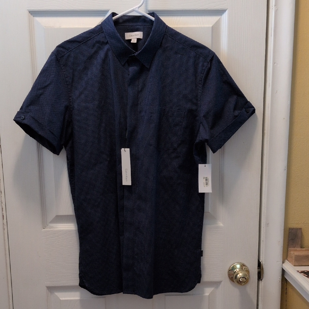 NEW Calvin Klein Men's Short-Sleeve Button-Down Shirt, Navy, Size M, TAGS ON